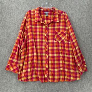Catherines Plaid‎ Shirt Women 2X Pink Orange Button Up Long Roll Tab Lightweight